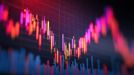 Stock market graph with colorful candlesticks and a blue and red horizontal line.