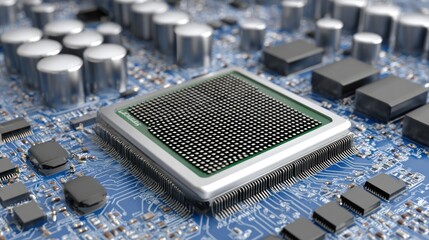 A close-up of a computer chip on a circuit board with various components and connectors.