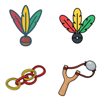 Traditional Malaysian Kampung Toys &ndash; Chapteh Shuttlecock, Rubber Band Chain, and Wooden Slingshot Illustration
