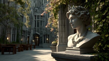 Obraz premium Detailed stone bust of a regal figure, adorned with a crown and jewels, positioned amidst a collegiate courtyard setting.