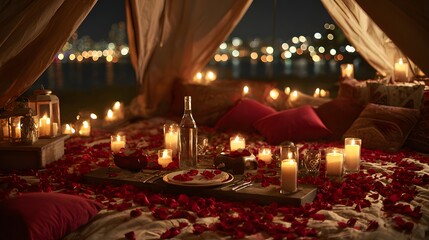 Romantic outdoor dinner under a tent, adorned with candles and rose petals, bathed in warm light.