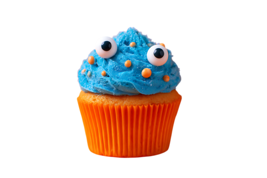 Blue frosted cupcake with googly eyes isolated on transparent background.