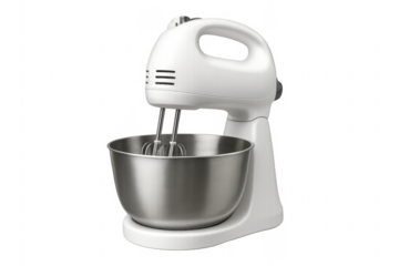 White hand mixer resting on stainless steel bowl with transparent background