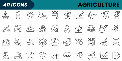 Agriculture line icon set. Includes agriculture, seedling plants, plant care, harvest. Editable stroke. Vector illustration