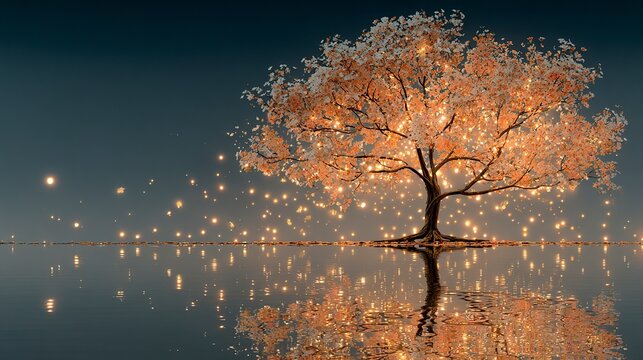 Mystical autumn night with a glowing full moon above a grand tree, golden leaves falling gently over shimmering water  