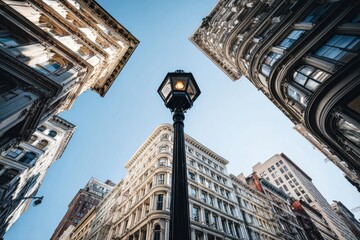 Architectural detail of historic city buildings.