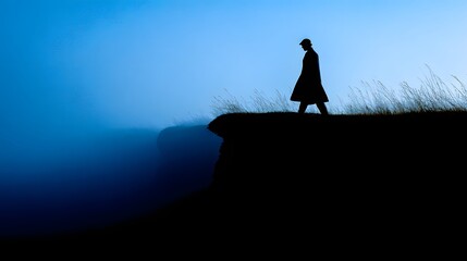 A solitary figure walks a cliff edge, bathed in the soft blue hues of a misty morning, evoking a sense of quiet contemplation.