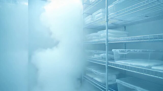 Cryogenic storage facility with dense vapor clouds emanating from a deep freezer, where biological samples are preserved on shelves for scientific research