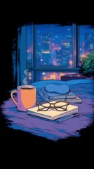Fototapeta premium Cozy night setting, comfortable chair by the window, vibrant city lights outside, warm colors create a relaxing atmosphere.