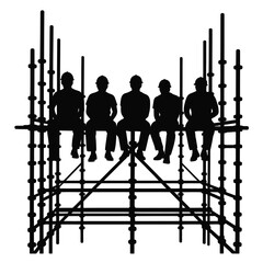 Silhouette of construction workers resting on scaffolding during a break