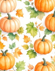 Watercolor pumpkins and autumn leaves pattern (1)