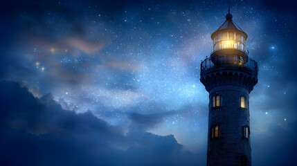 A magnificent lighthouse stands tall against a starry night sky, bathed in the soft glow of its lantern.
