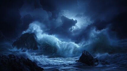 Stormy Sea with Massive Waves Under Dark Dramatic Sky, Lightning Illuminates the Powerful Ocean Storm for Epic Wallpaper or Dark Fantasy Landscape Design