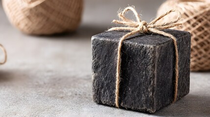 A close-up of a dark gray gift-wrapped cube, tied with natural twine, rests on a light gray surface.