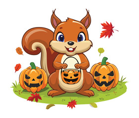 Charming Squirrel Halloween Illustration Sitting with Two Jack-o'-Lanterns and Autumn Leaves, Spooky and Fun