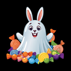 A Cute Ghost Rabbit With Halloween Candies Spooky Season Character Design With A Playful And Friendly Vibe