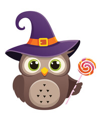 Whimsical Witch Owl Halloween Illustration Holding a Giant Lollipop, Combining Magic and Sweet Treats