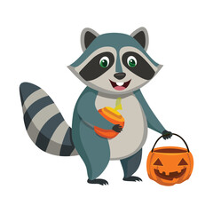  Playful Raccoon Halloween Illustration Holding a Cauldron of Candies, Ready for Trick-or-Treating