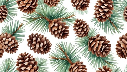 Fototapeta premium Textured watercolor pattern of pine cones and fir branches, perfect for a Christmas-themed background