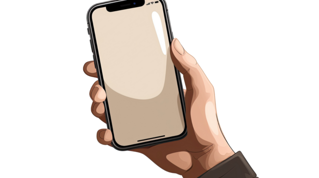 hand holding mobile phone on white background