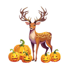 Friendly Deer with a Pumpkin, Surrounded by Autumn Leaves in the Forest