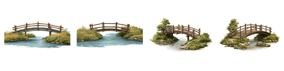 Fototapeta premium Charming Wooden Bridges Arching Over Tranquil Streams in Lush Natural Settings isolated on transparent background.