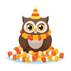 Cute Owl Wearing a Witch Hat Surrounded by Colorful Candies, Celebrating Halloween