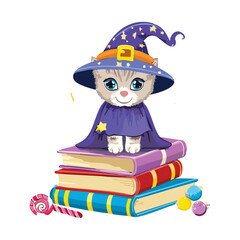 Little Cat Wearing a Purple Witch Hat Sitting on a Stack of Spellbooks, Learning Magic
