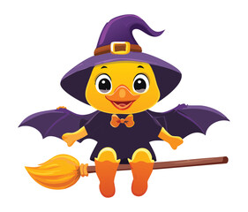 Adorable Witch Bat Flying on a Broom with Stars and Moon, Ready for a Magical Halloween