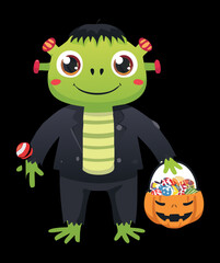 Cute Halloween Frankenstein monster with trick-or-treat basket, ready for some spooky fun