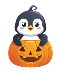 Cheerful penguin character peeking from a jack-o'-lantern pumpkin, ready for Halloween celebration