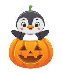 Adorable penguin character popping out of a spooky carved pumpkin for a fun Halloween