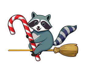 Cute raccoon character dressed as a witch, flying on a broomstick with a festive candy cane