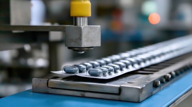 Close-up of a pharmaceutical packaging machine with blister packs