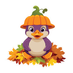 Adorable penguin character with a festive pumpkin, celebrating the autumn and Halloween season