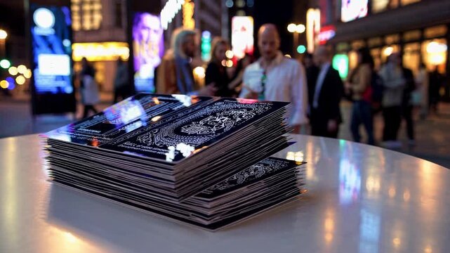 Multiple brochures are neatly stacked on a round table, placed strategically in a bustling city center at night, possibly for an upcoming event or promotion, illuminated by ambient city lights