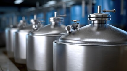 Row of stainless steel tanks in a brewery or factory