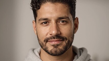 Close up shot of a man with curly hair and a beard wearing a gray hoodie looking at the camera