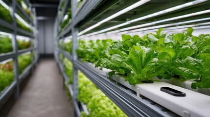 Indoor hydroponic farm with rows of leafy greens