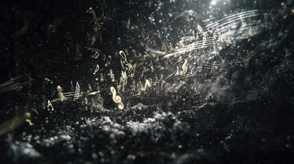 cluster of musical notes dissolving at bubble surface quiet interior symbolism illustration concept scene visual for commercial design use high detail quality stock image illustration concept scene