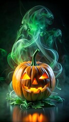 Spooky jackolantern with green smoke on a dark background