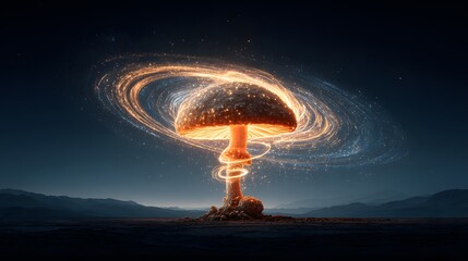 A luminous, fiery mushroom cloud explosion, set against a desolate, night sky backdrop, embodies a potent, dramatic scene.