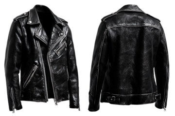 Classic black leather biker jacket, front and back views on black background.