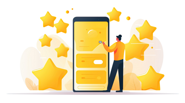 hand choosing a fifth yellow star in phone app vector illustration on white background