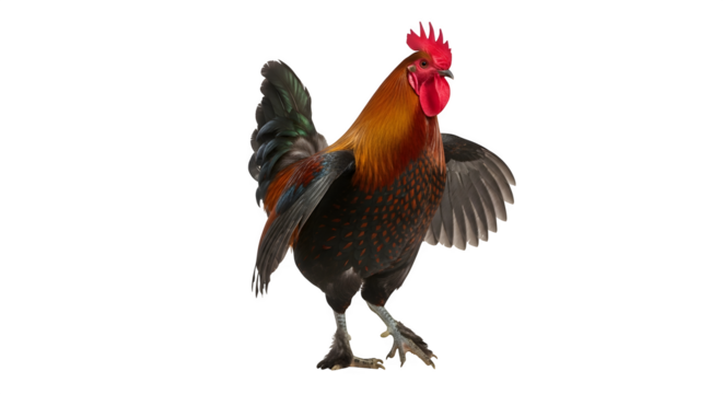 Majestic rooster with vibrant plumage flapping its wings