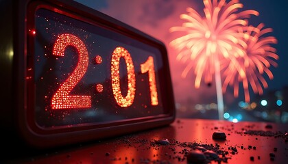 Digital Clock Shows 201 with Fireworks Celebration in the Background