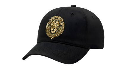 Black baseball cap featuring an embroidered golden lion head