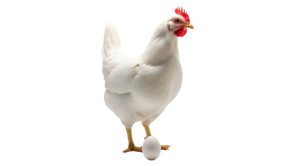 White hen stands proudly next to her freshly laid egg