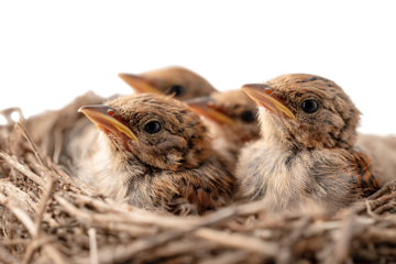 Adorable newborn birds huddled together in their nest.