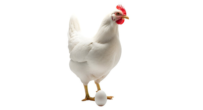 White hen stands proudly next to her freshly laid egg